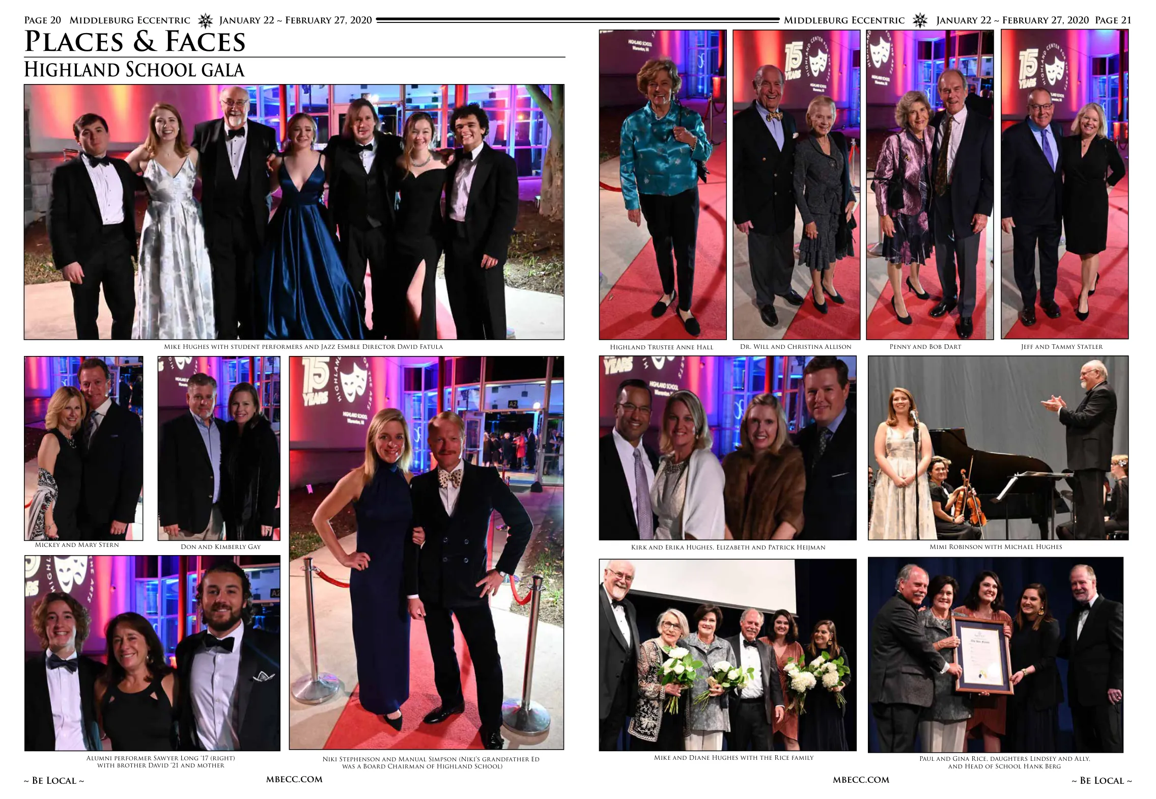 Highland Trustee Anne Hall · Beth Ann Mascatello and Olivia Mascatello · Niki Stephenson and Manual Simpson (Niki's grandfather Ed was a Board Chairman of Highland School) · Mike Hughes with student performers and Jazz Esmble Director David Fatula · Alumni performer Sawyer Long '17 (right) with brother David '21 and mother · Dr. Will and Christina Allison Penny and Bob Dart · Jeff and Tammy Statler · Mickey and Mary Stern · Don and Kimberly Gay · Beth Ann Mascatello and Olivia Mascatello · Mimi Robinson with Michael Hughes · Paul and Gina Rice, daughters Lindsey and Ally, and Head of School Hank Berg · Mike and Diane Hughes with the Rice family · Kirk and Erika Hughes, Elizabeth and Patrick Heijman