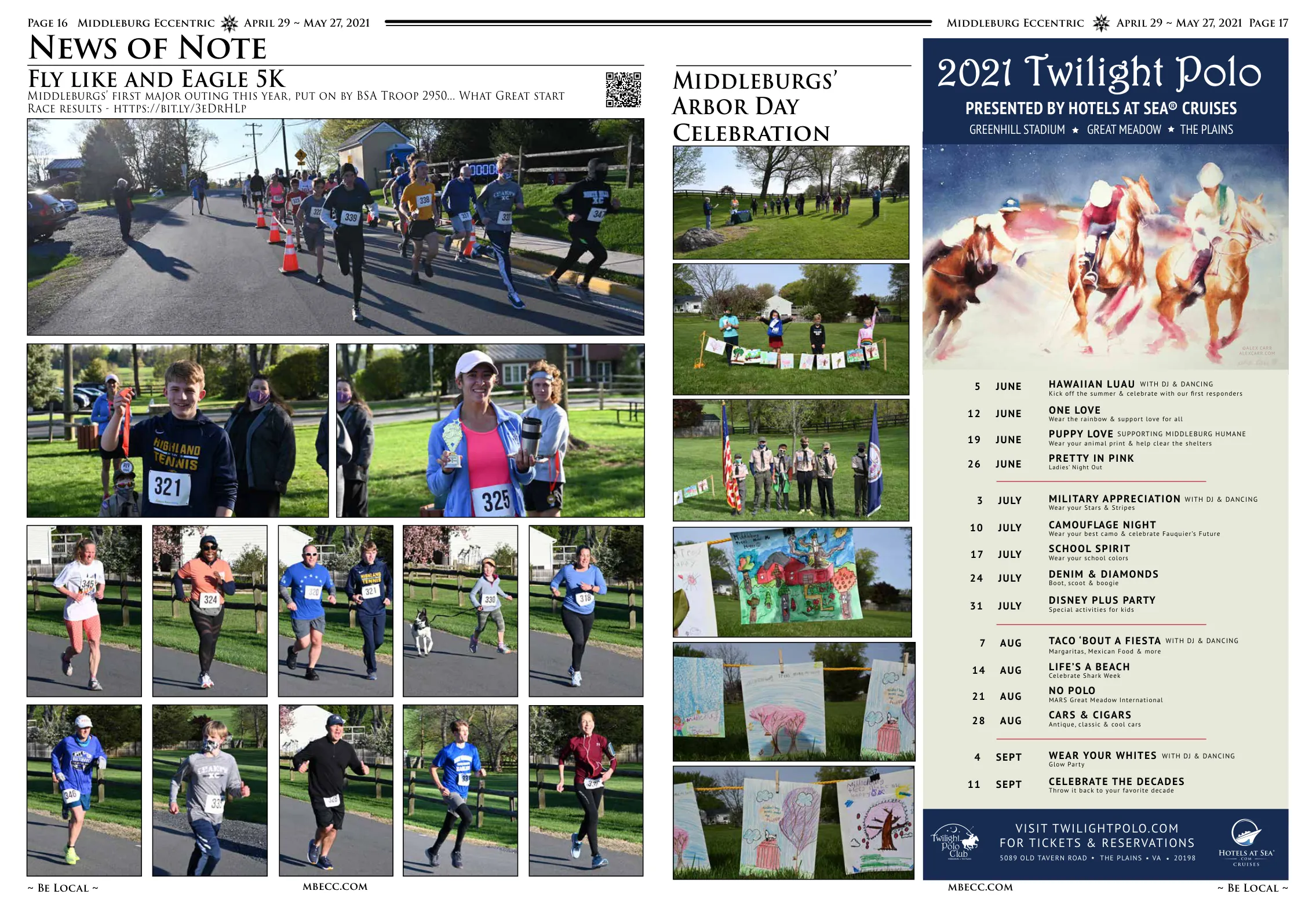 Race participants running together at Fly Like and Eagle 5K. · Middleburg's Arbor Day Celebration - outdoor community event with displays. · Arbor Day Celebration tree planting event with community members. · Middleburg's Arbor Day Celebration - children's art display.