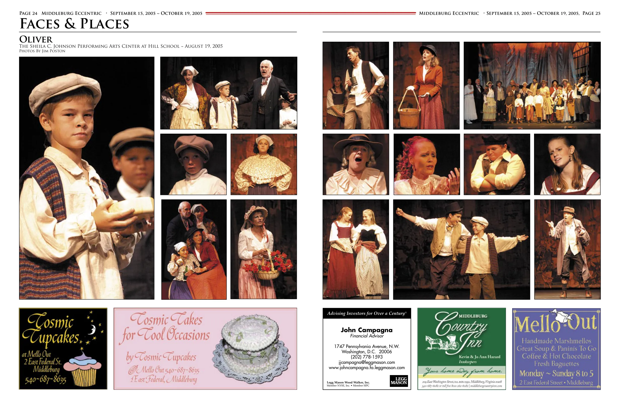Woman in orange dress with group on stage · Man and woman in period costume interacting · Woman with surprised expression in costume · Two women in costume in conversation · Man in yellow costume gesturing · Two young girls in costume on stage · Four cast members in costume on stage · Man in tan costume with hat gesturing · Man and woman in costume together