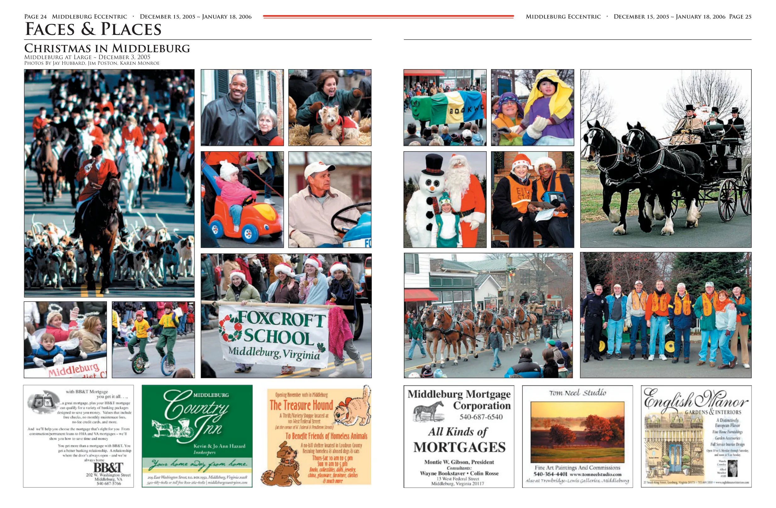 Holiday parade with decorated horses and wagons · Group with hunting dogs in hunting attire