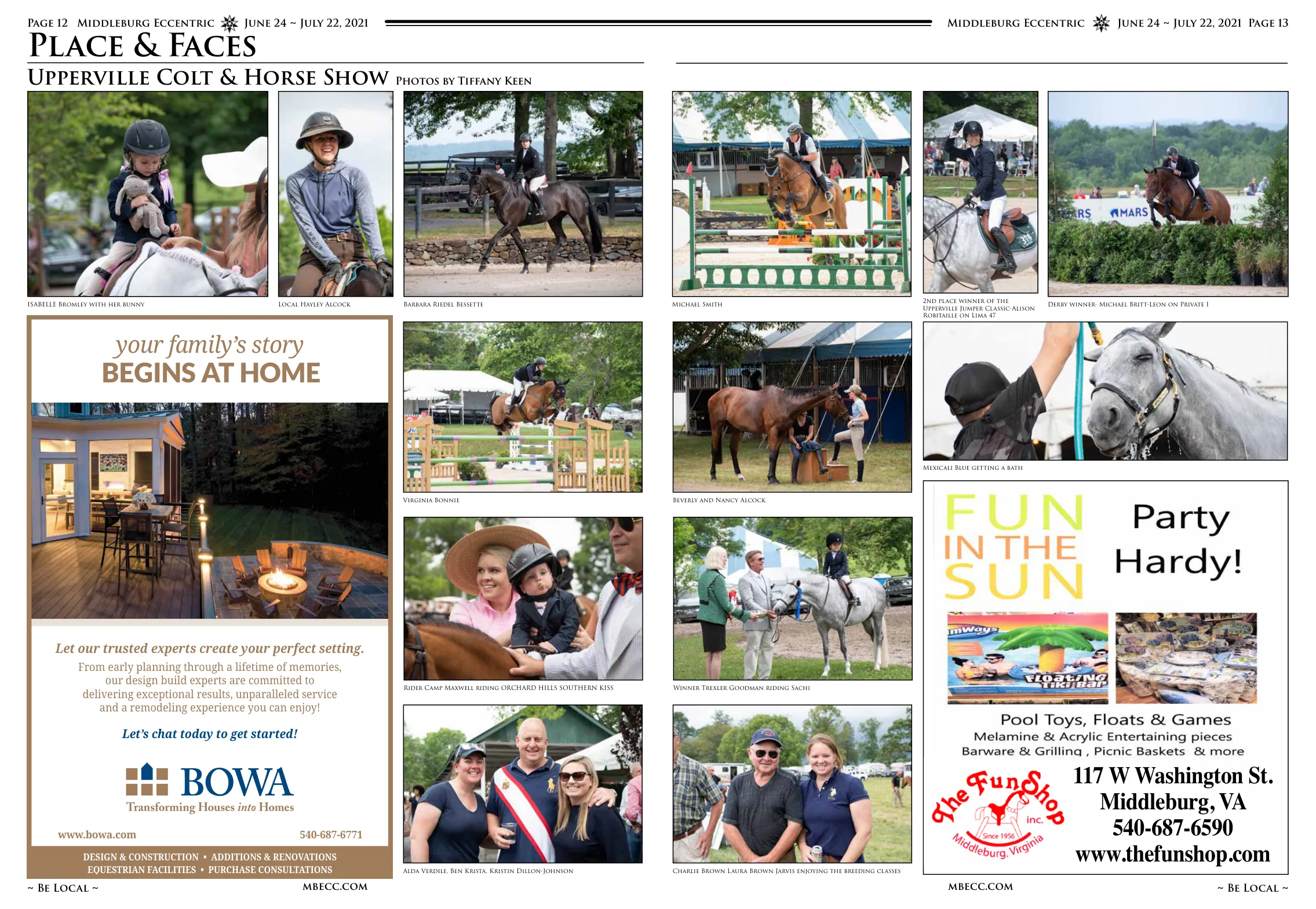 Isabelle Bromley with her bunny · Barbara Riedel Bessette · Michael Smith 2nd place winner of the Upperville Jumper Classic-Alison Robitaille on Lima 47 · Virginia Bonnie · Local Hayley Alcock · Beverly and Nancy Alcock · Mexicali Blue getting a bath · Rider Camp Maxwell riding Orchard Hills Southern Kiss · Winner Trexler Goodman riding Sachi · Alda Verdile, Ben Krista, Kristin Dillon-Johnson · Charlie Brown · Laura Brown Jarvis enjoying the breeding classes · Derby winner- Michael Britt-Leon on Private I
