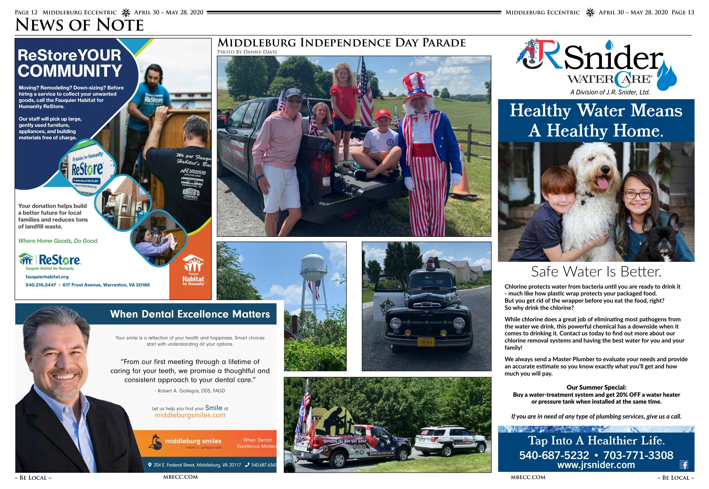 Independence Day Parade participants with Uncle Sam costume and American flag · Water tower with patriotic decorations · Vintage truck in parade · Decorated vintage car · Fire truck in parade