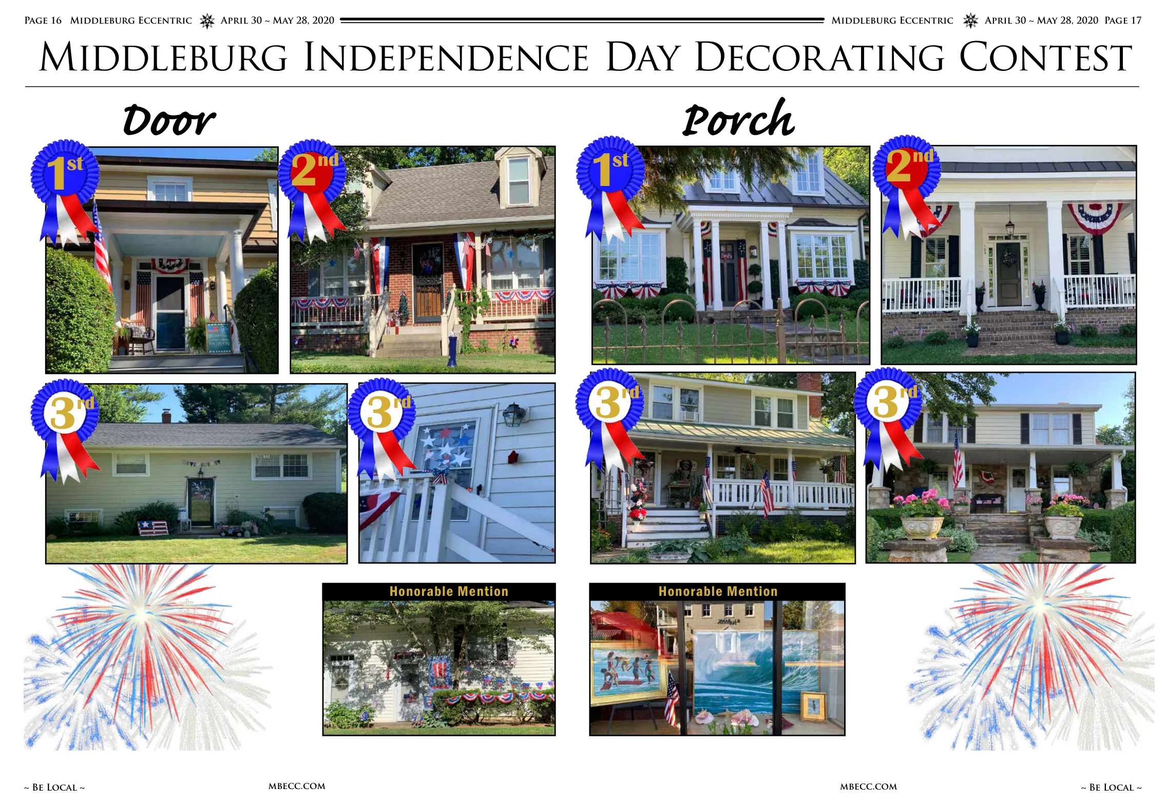 Door category 1st place - patriotic entryway decoration · Door category 2nd place - decorated door with patriotic bunting · Door category 3rd place - house with patriotic decorations · Door category 3rd place - door with patriotic decoration · Door category honorable mention - patriotic yard display · Door category honorable mention - patriotic door decoration · Porch category 1st place - covered porch with patriotic bunting and wreaths · Porch category 2nd place - porch with patriotic bunting · Porch category 3rd place - porch with patriotic plantings · Porch category 3rd place - house front with patriotic decorations · Porch category honorable mention - patriotic yard display · Porch category honorable mention - storefront patriotic window display