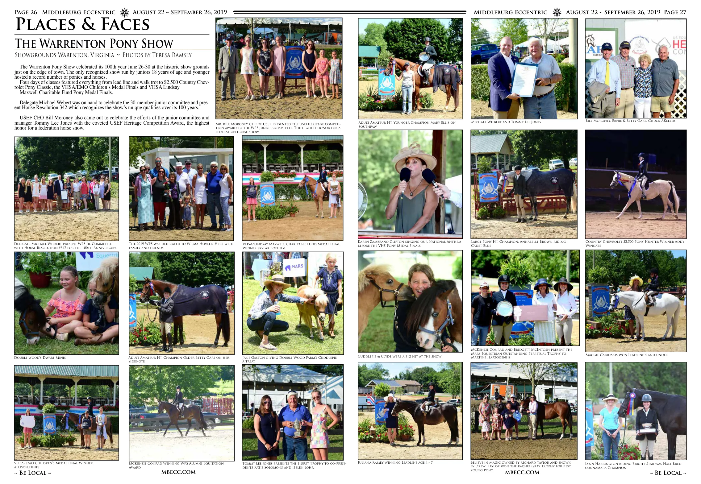 VHSA/Lindsay Maxwell Charitable Fund Medal Final Winner Allison Hines · Delegate Michael Wiebert present WPS Jr. Committee with House Resolution #342 for the 100th Anniversary · Mr. Bill Moroney CEO of USEF Presented the USEF Heritage competition award to the WPS junior committee · McKenzie Conrad winning WPS Alumni Equitation Award · Adult Amateur Ht. Younger Champion Mary Ellis on Southpaw · Karen Zambrano Clifton singing our National Anthem before the VHS Pony Medal Finals · Cuddlepie & Clyde were a big hit at the show · Juliana Ramey winning Leadline age 4 - 7 Believe in Magic · Large Pony Ht. Champion Annabelle Brown riding Cadet Blue · Country Chevrolet $2,500 Pony Hunter Winner Addy Wingate · Maggie Caridakis won Leadline 4 and under · Lynn Harrington riding Bright Star was Half Bred connamara Champion · VHSA/EMO Children's Medal Final Winner · McKenzie Conrad Winning WPS Alumni Equitation · Tommy Lee Jones presents the Hurst Trophy to co-presidents Katie Solomons and Helen Lohr · Bill Moroney, Ernie & Betty Oare, Chuck Akeller · Michael Wiebert and Tommy Lee Jones · Double Wood's Dwarf Minis Adult Amateur Ht. Champion Older Betty Oare on her Sidenote