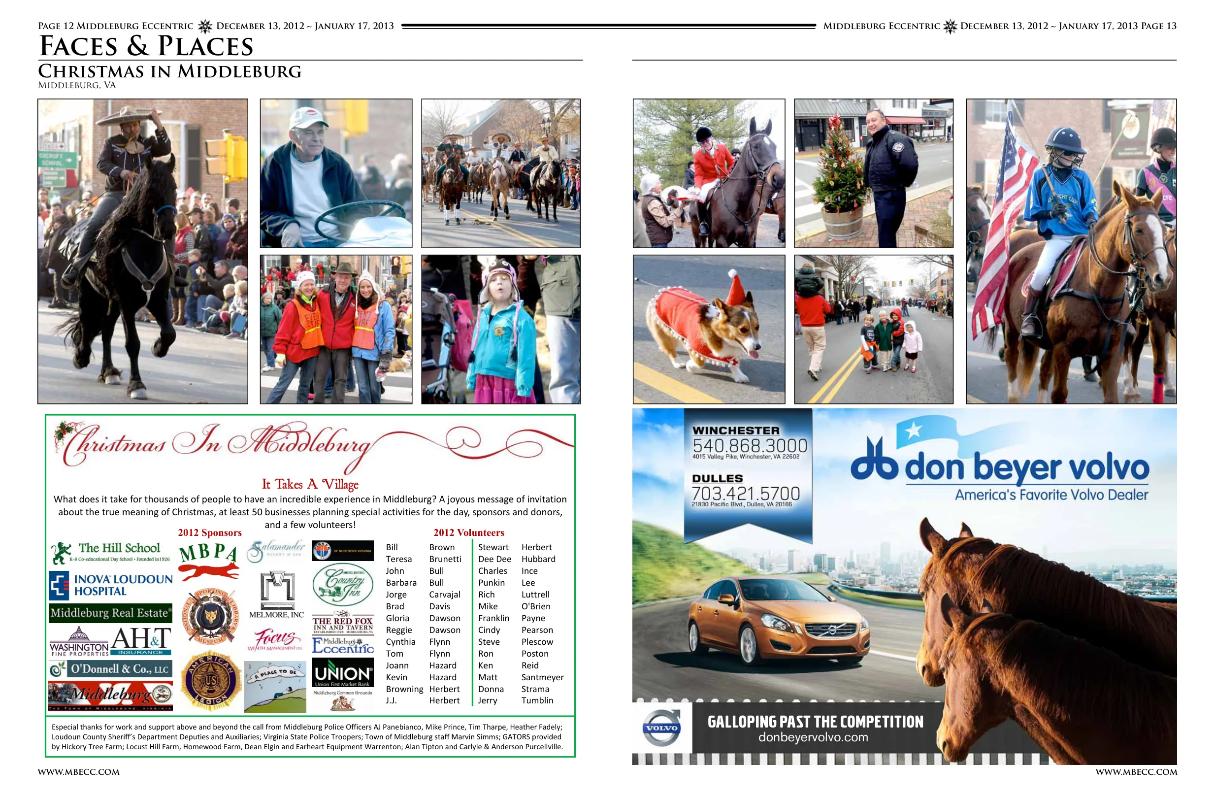 Santa on horseback · Man in cap with gift · Dogs and carriage · People in parade clothing · Children in holiday attire · Dog in costume · Woman petting dog · Dog with candle · Child in costume on street · People gathered in street · Woman and man in holiday setting · Rider with American flag