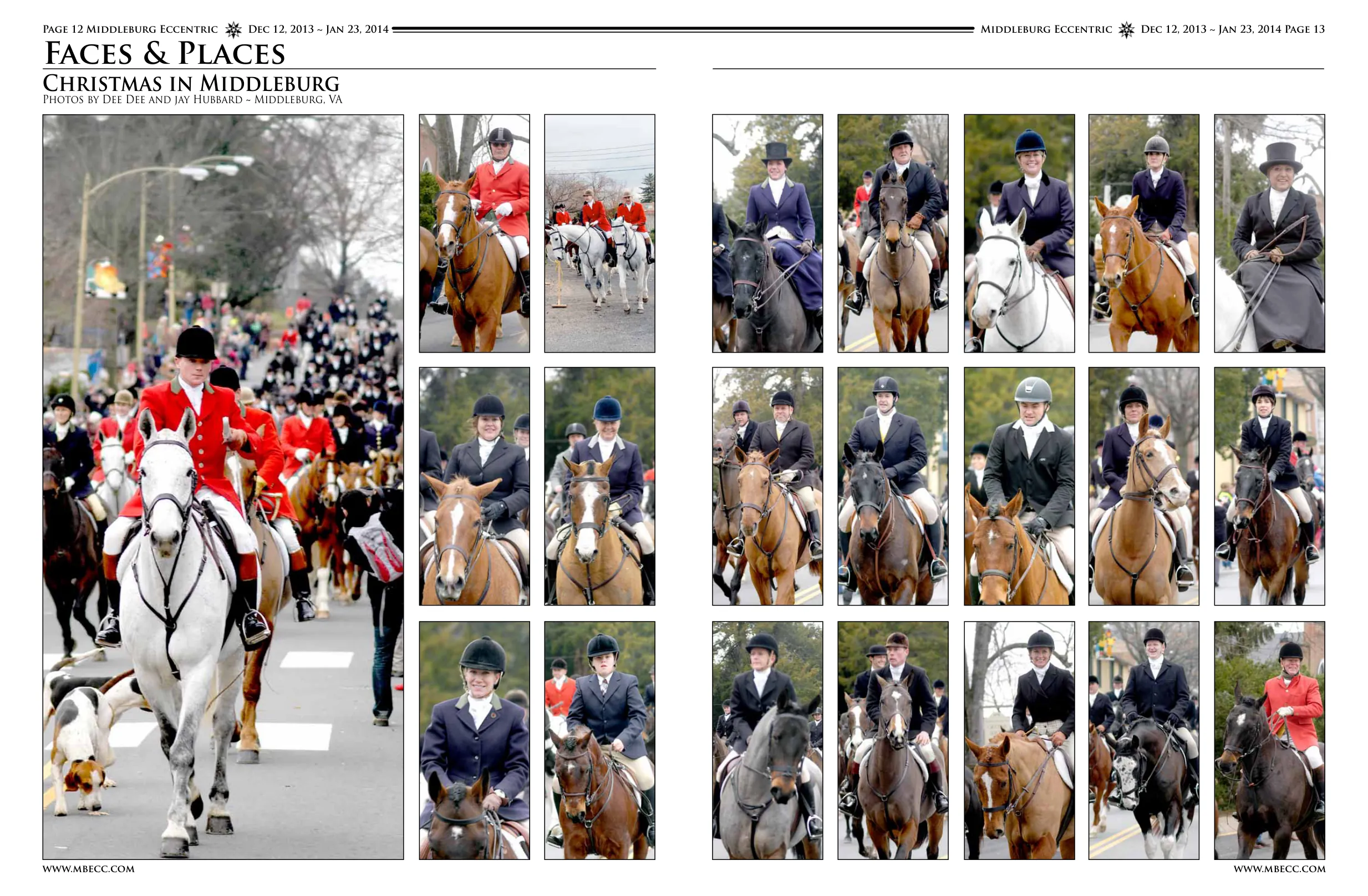 Man on horse with dog in holiday attire · Lead rider in red coat on white horse · Multiple mounted riders in hunt attire on various horses