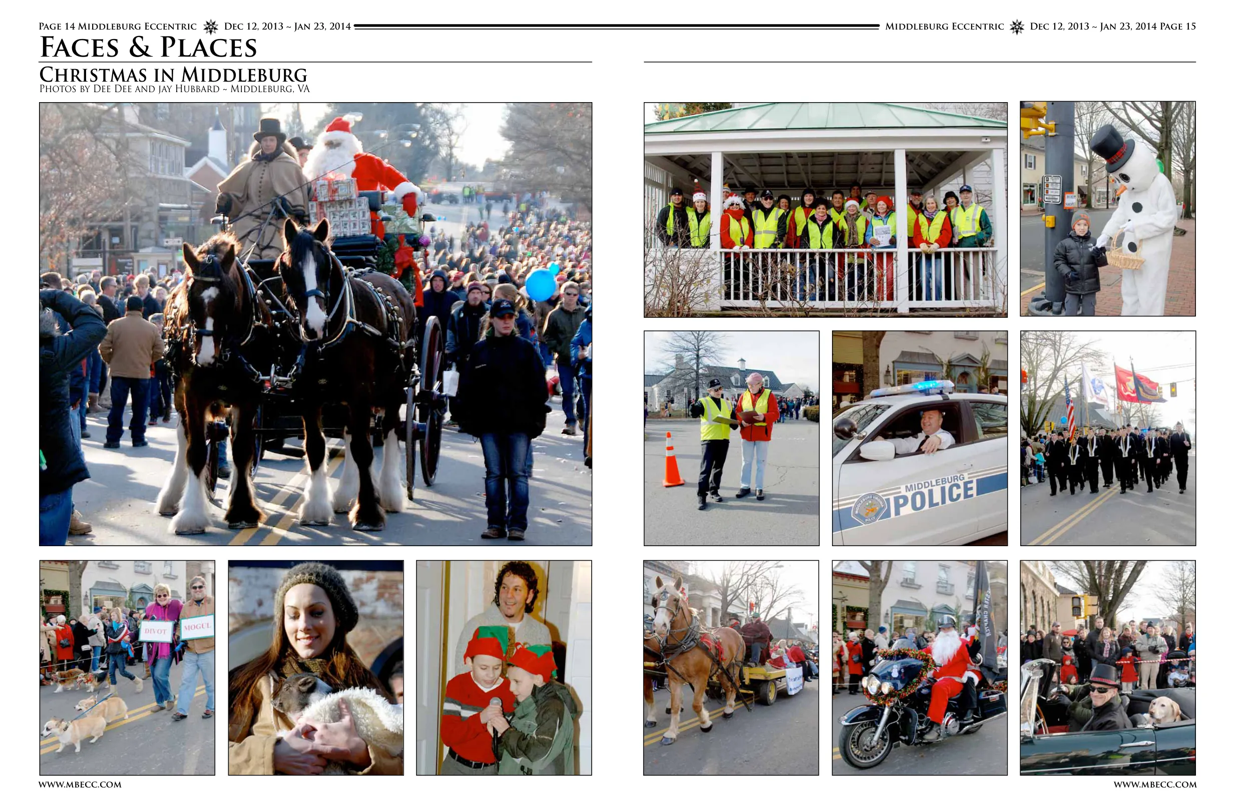 Santa on horse-drawn carriage · Volunteers and staff at staging area with yellow vests · Snowman figure and child interacting · Police officer in vehicle · Parade float with participants · Various parade participants and floats · Marching bands and parade formations