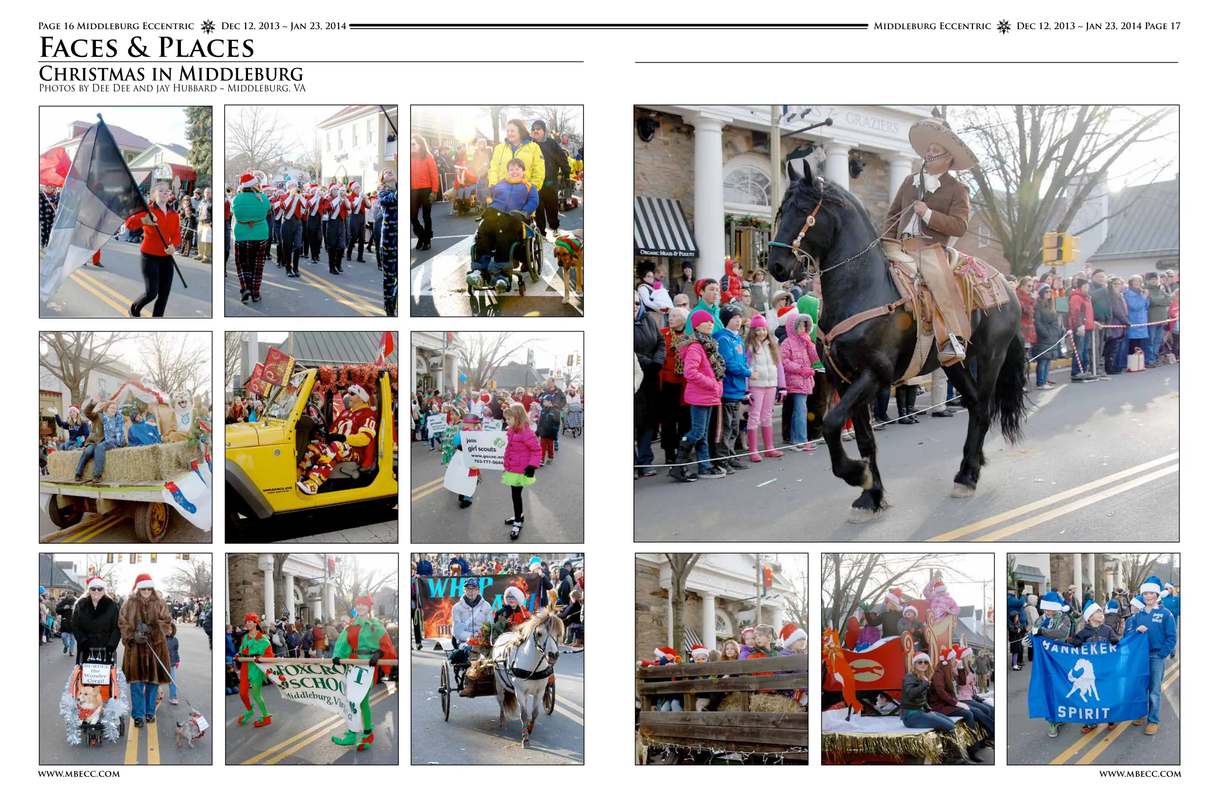 Horse and rider in formal hunt attire · Children in pink coats watching parade · Flag bearers and parade participants · Floats and parade wagons