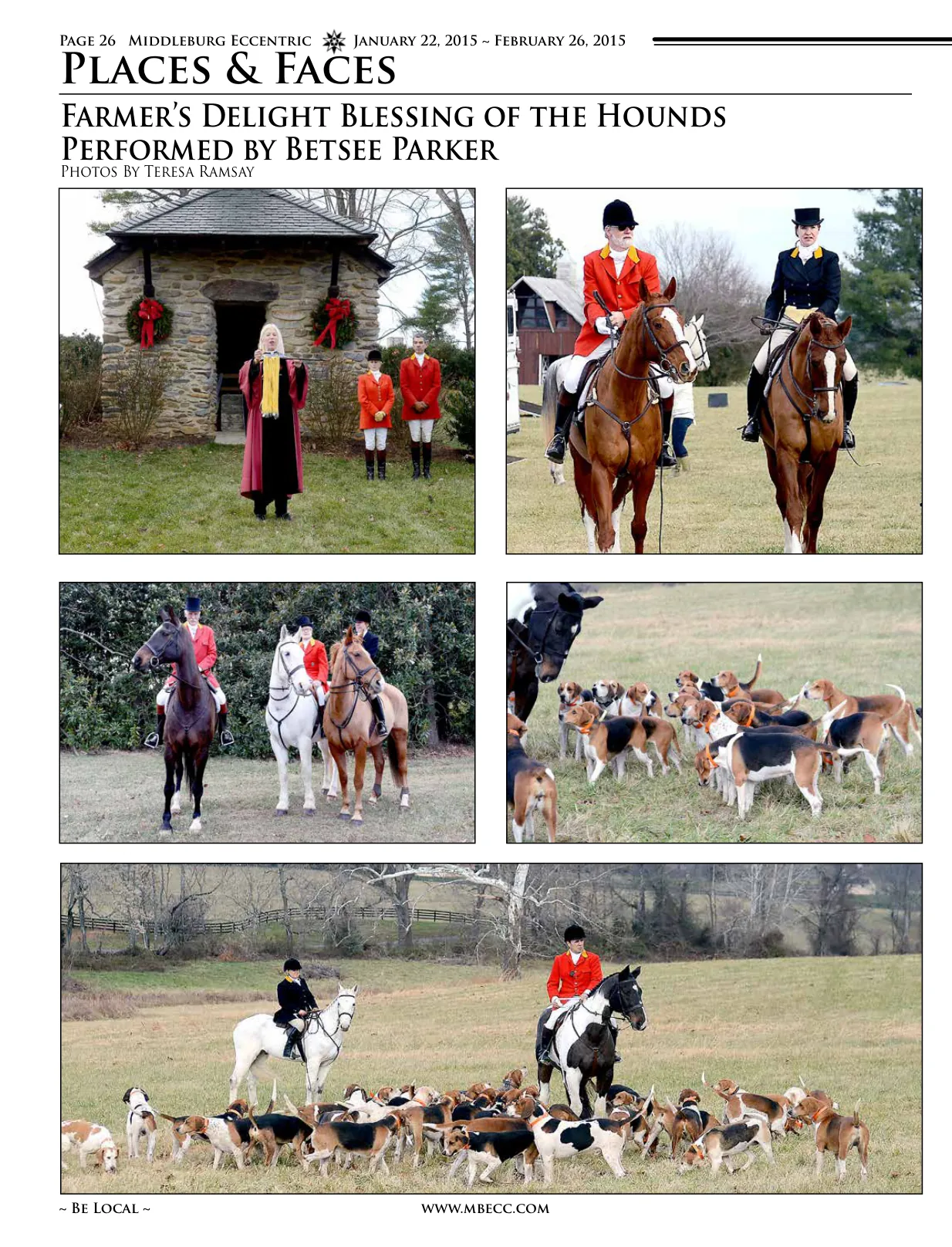 Betsee Parker blessing the hounds at stone structure · Hunt master and whipper-in on horseback · Hunt participants on horseback with hounds · Hounds in field · Hunt master and riders with hounds · Betsee Parker blessing the hounds at stone structure · Hunt master and whipper-in on horseback · Hunt participants on horseback with hounds · Hounds in field · Hunt master and riders with hounds