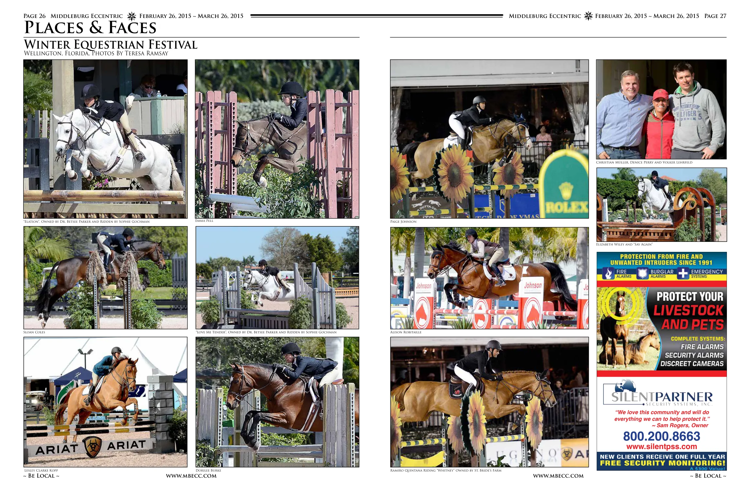 Lysa Clarke Kopp · K-Trip Crossing on Dr. Betsee Parker Owned Horse · Emma Pell · Sloan Coles · Lesley Clarke Kopp · Dorilee Burke · Paige Johnson · Alison Robitaille · Ramiro Quintana Riding Whitney · Elizabeth Wiley and Say Again · Christian Müller, Denice Perry and Volker Lehrfeld · Alexander Miller, Denice Perry and Volker Lehrfeld · Hunter and two other riders · Two riders jumping over fence with sunflower decorations · Rider in brown horse jumping · Rider jumping horse over orange and white fence · Lesley Clarke Kopp · Cheslie Coker Scott · Riders at International Horse Park