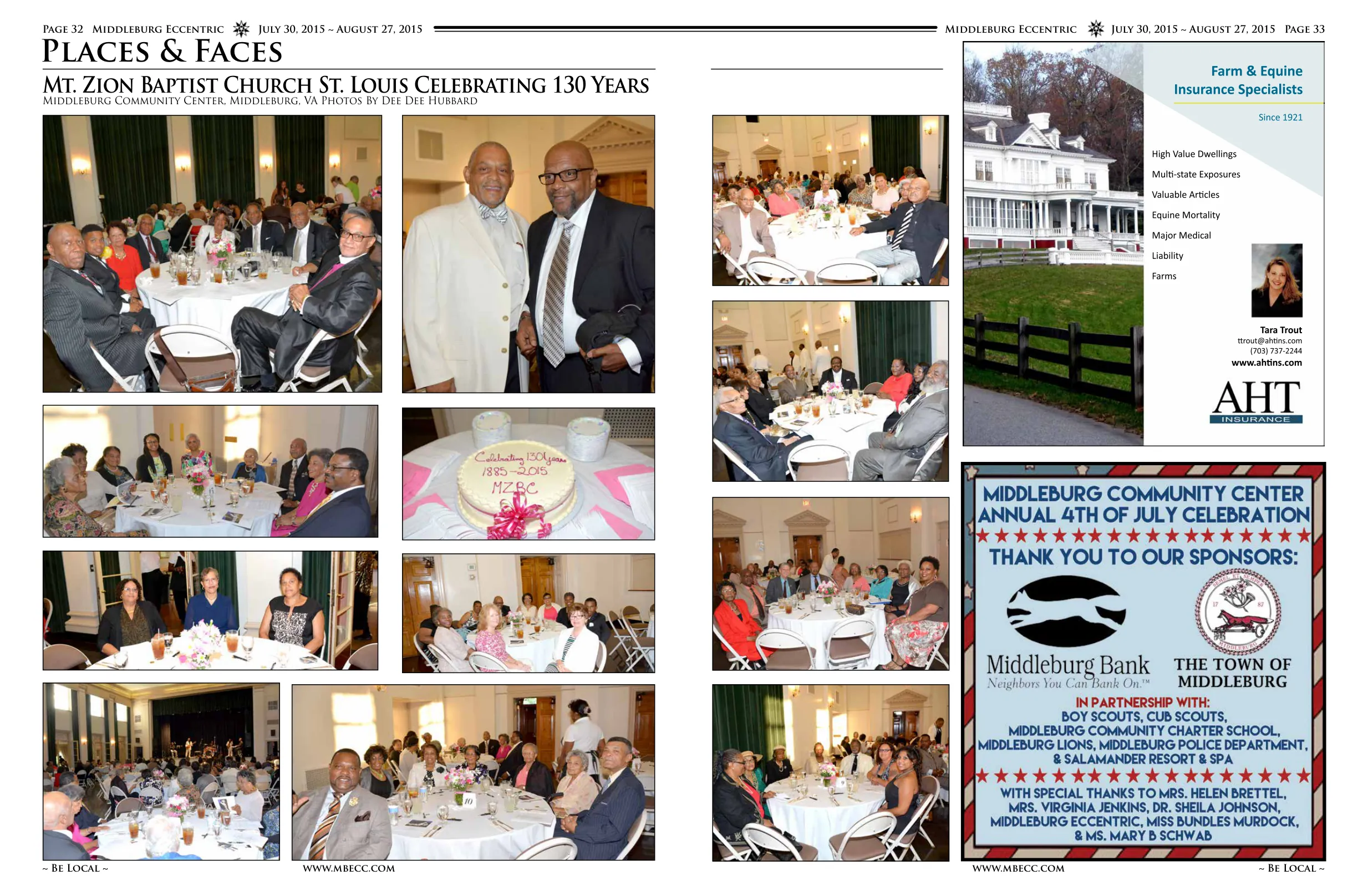 Formal dinner gathering with attendees at tables · Two men in formal attire standing together · Dining event with attendees seated at formal table · Group of people at formal celebration dinner · Decorated cake for Mt. Zion Baptist Church 130 Years celebration · Three women standing together at event · Large formal banquet with multiple attendees · Additional dinner scene with gathering of guests · Another formal dinner gathering view