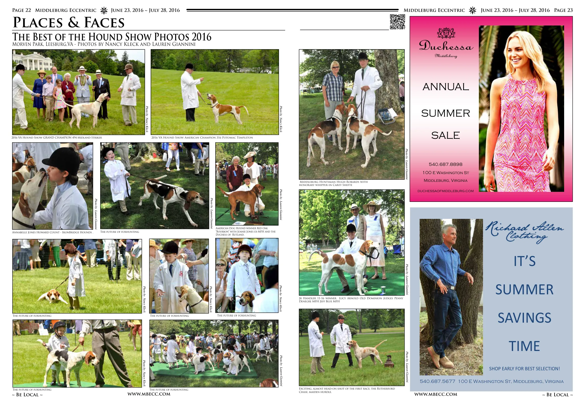 2016 VA Hound Show Grand Champion 494 Midland Striker · 2016 VA Hound Show American Champion 316 Potomac Templeton · Annabelle Jones Howard Count - IronBridge Hounds · American Dog Hound winner Red Oak 'Bourbon' with Joanie Jones and the Duchess of Rutland · Middleburg Huntsman Hugh Robards with honorary whipper-in Carey Shefte · Jr Handler 11-16 winner Lucy Arnold · Old Dominion judges · The future of foxhunting - multiple youth handler photos · Exciting action shot of the first race, the Rutherford Chase, maiden hurdle