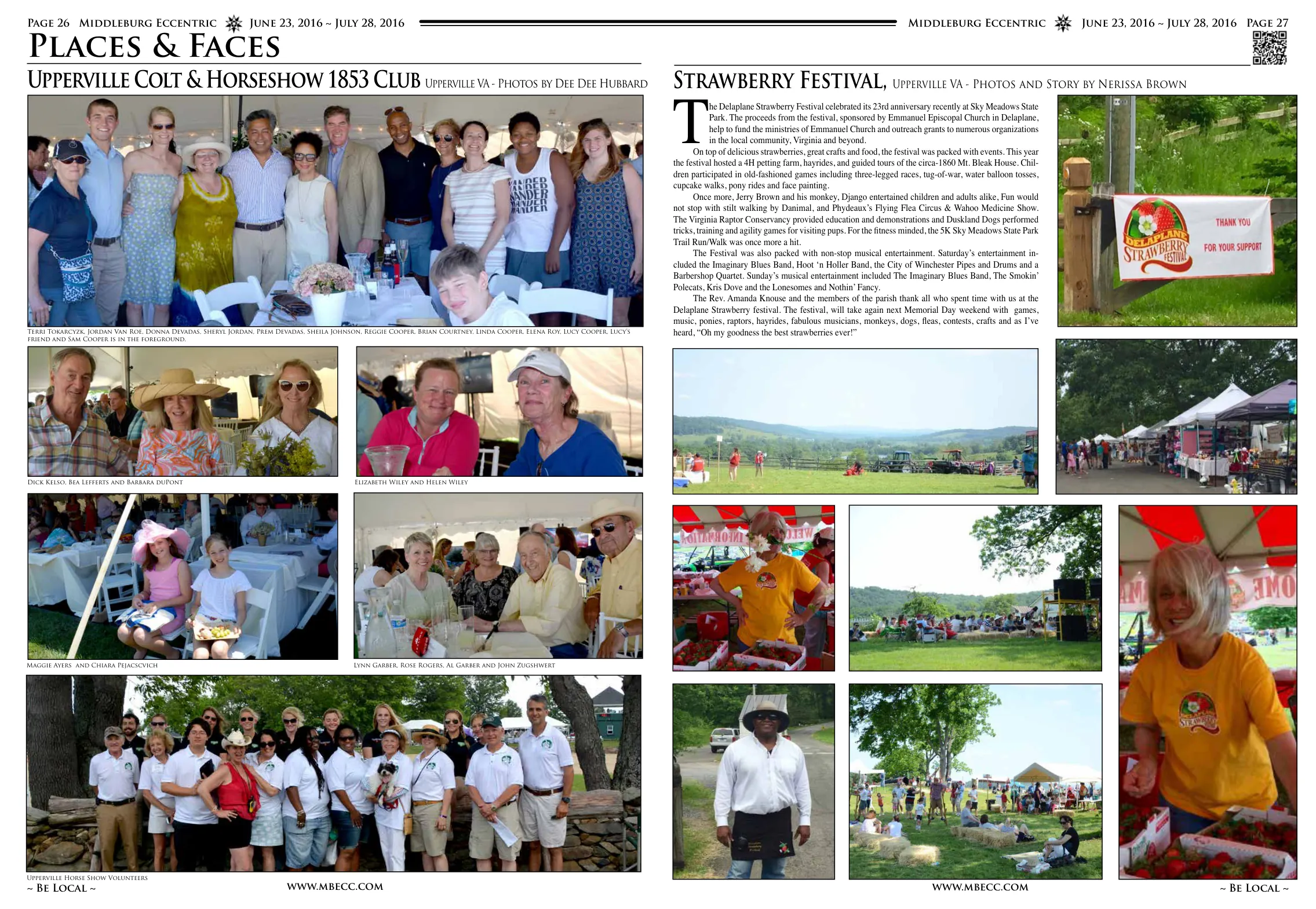 Group photo of festival attendees at Delaplane Strawberry Festival · Terri Tokarcyzk, Jordan Van Roe, Donna Devadas, Sheryl Jordan, Prem Devadas, Sheila Johnson, Reggie Cooper, Brian Courtney, Linda Cooper, Elena Roy, Lucy Cooper and Sam Cooper · Festival vendors and food · Children's activities at festival · Maggie Ayers and children at festivities · Festival grounds and attendees · Volunteer workers at event