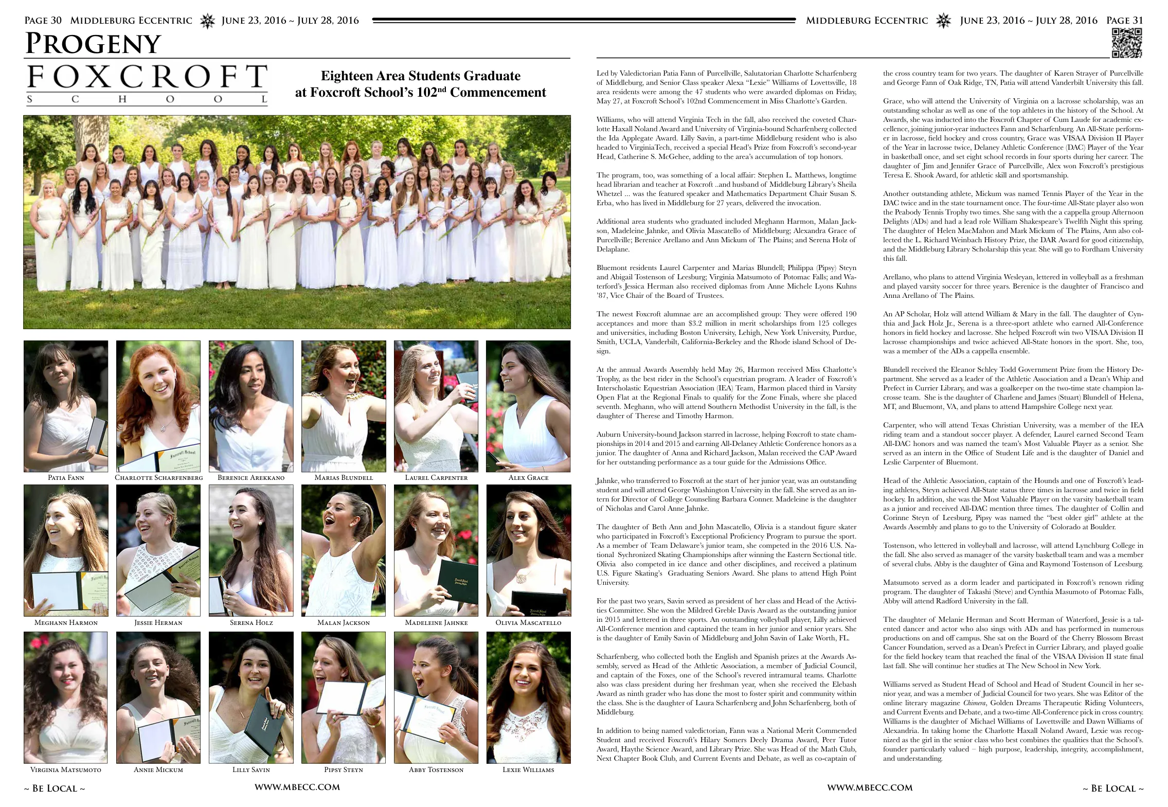 Full class photo of Foxcroft School graduates · Patia Fann · Charlotte Scharfenberg · Berenice Arellano · Marias Blundell · Laurel Carpenter · Alex Grace · Meghann Harmon · Jessie Herman · Serena Holz · Malan Jackson · Madeleine Jahnke · Olivia Mascatello · Virginia Matsumoto · Annie Mickum · Lilly Savin · Pipsy Steyn · Abby Tostenson · Lexie Williams