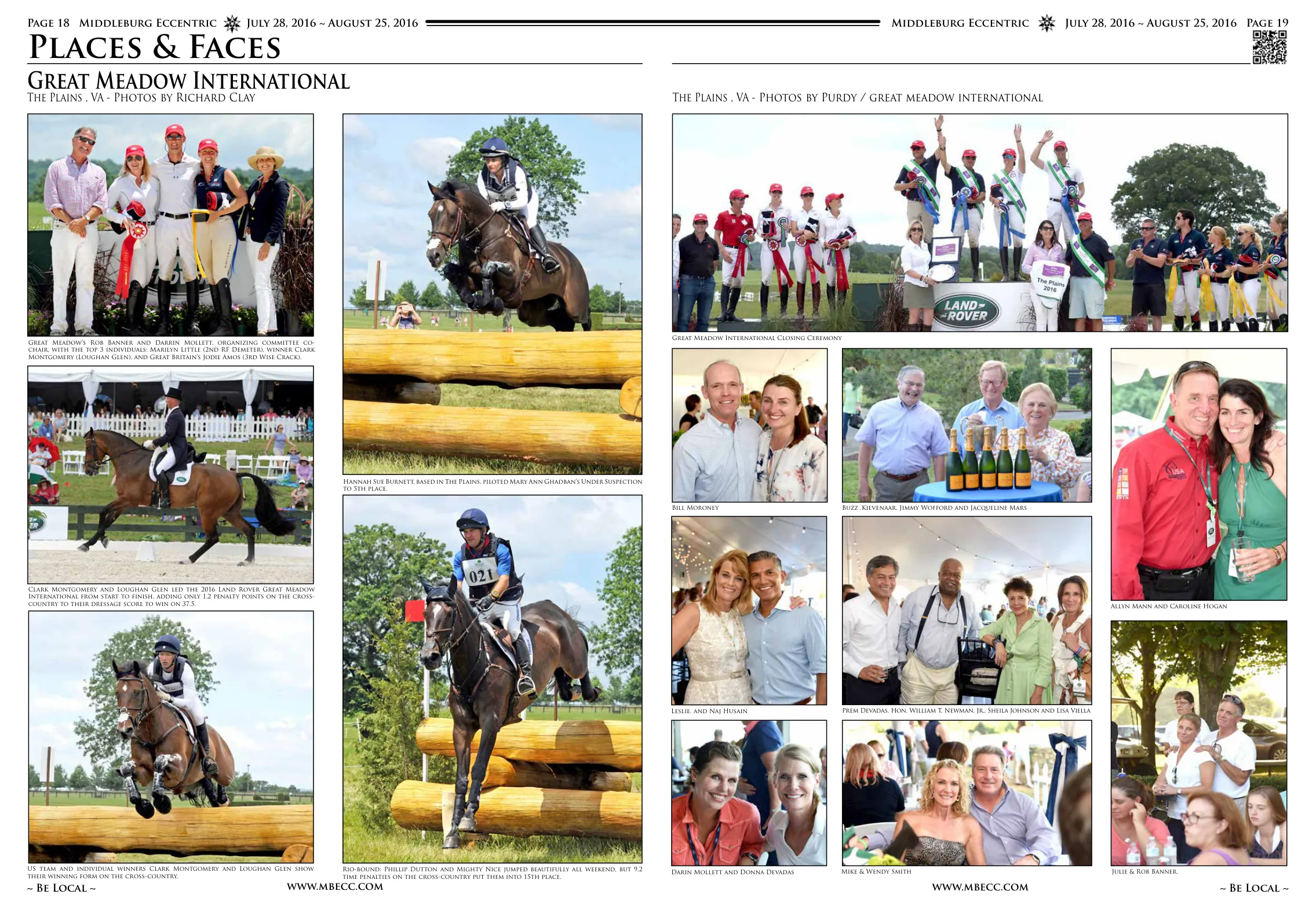 Great Meadow's Rob Banner and Darrin Mollett, organizing committee cochair, with the top 3 individuals: Marilyn Little (2nd RF Demeter), winner Clark Montgomery (Loughan Glen), and Great Britain's Jodie Amos (3rd Wise Crack) · US team and individual winners Clark Montgomery and Loughan Glen show their winning form on the cross-country · Great Meadow International Closing Ceremony · Hannah Sue Burnett raised in The Plains, piloted Mary Ann Ghadban's Under Suspection to 5th place · Rio-bound: Phillip Dutton and Mighty Nice jumped beautifully all weekend, but 9.2 time penalties on the cross-country put them into 15th place · Prem Devadas, Hon. William T. Newman, Jr., Sheila Johnson and Lisa Viella · Buzz Kievenaar, Jimmy Wofford and Jacqueline Mars · Bill Moroney, Leslie and Naj Husain · Allyn Mann and Caroline Hogan · Darin Mollett and Donna Devadas · Mike & Wendy Smith · Julie & Rob Banner · Great Meadow's Rob Banner and Darrin Mollett, organizing committee cochair, with the top 3 individuals: Marilyn Little (2nd RF Demeter), winner Clark Montgomery (Loughan Glen), and Great Britain's Jodie Amos (3rd Wise Crack)