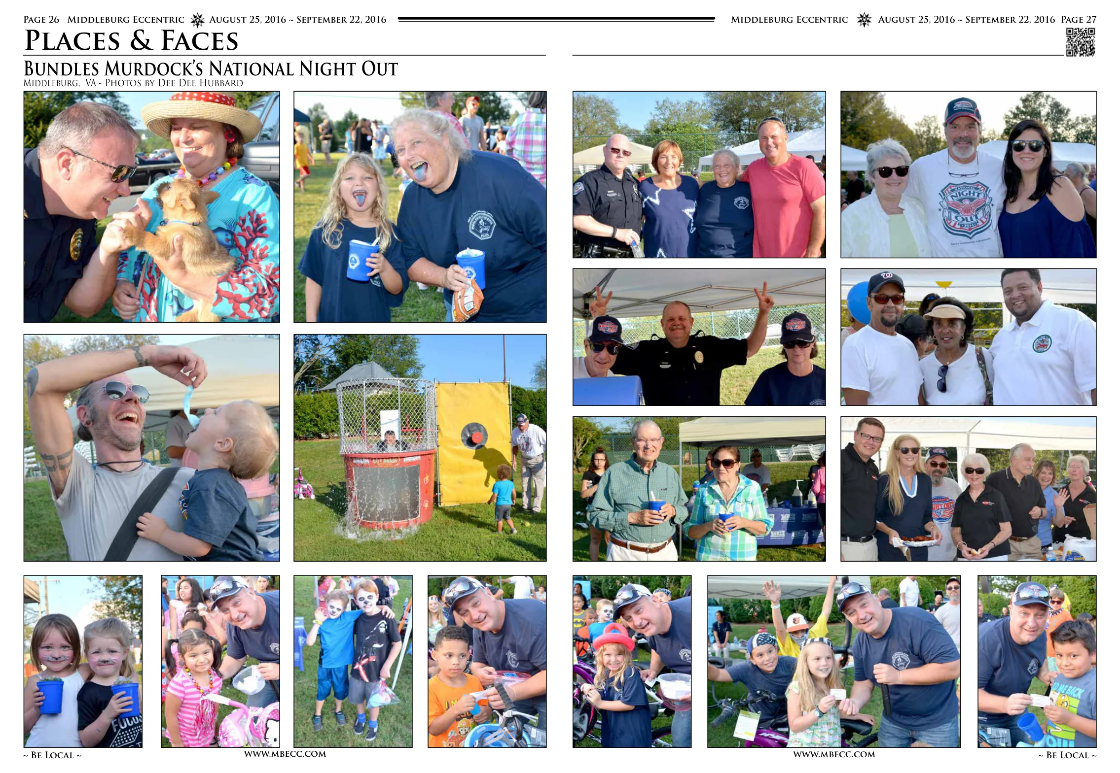Police officer with child and adult at event · Community members enjoying the event · Police and community members together · Dunk tank activity at National Night Out · Children and adults at event activities · Community gathering with police · Families enjoying event together