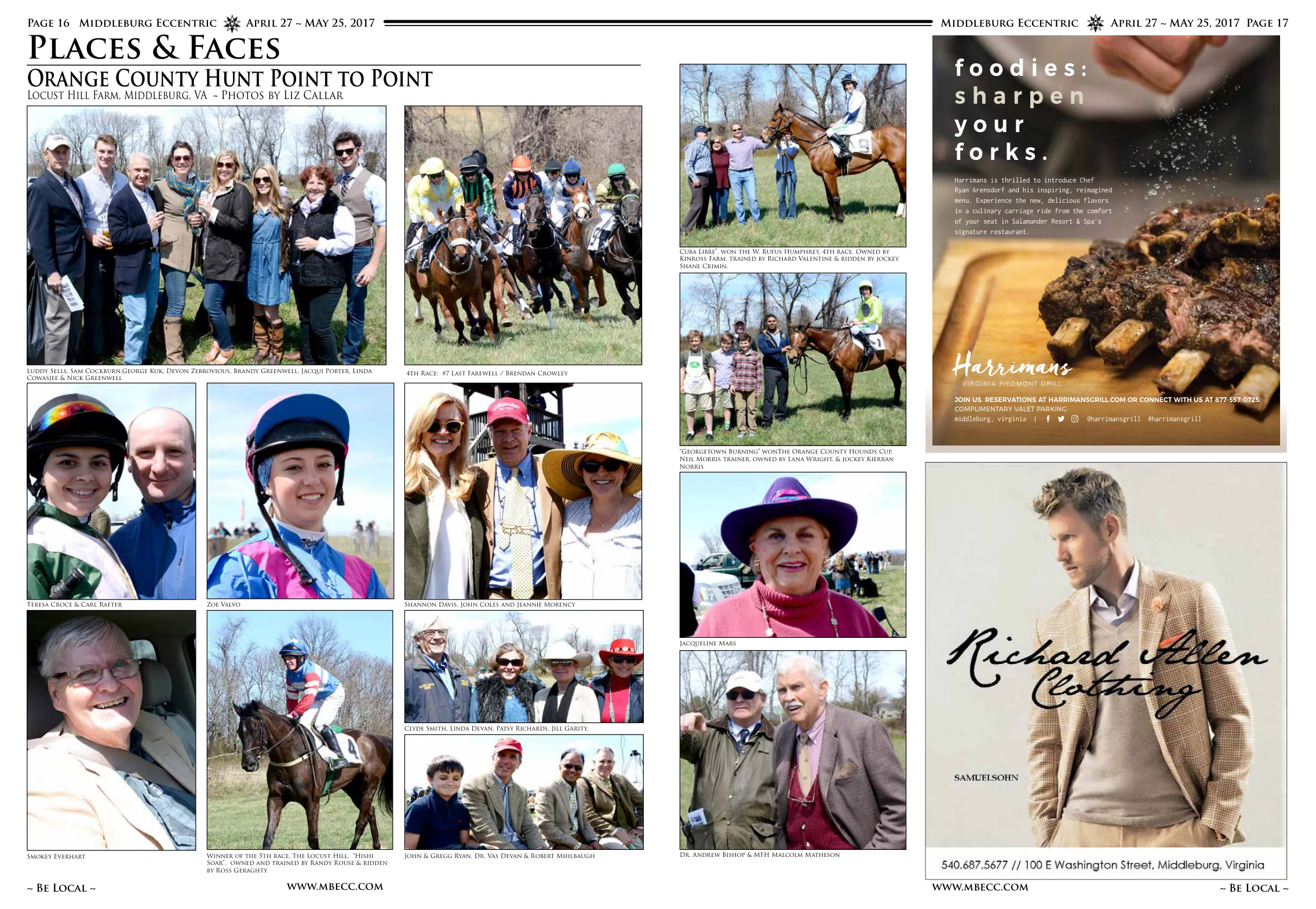 Large group photo of attendees · Group of riders on horses · Cuba Libre, won the W. Rufus Humphrey, 4th race. Owned by Kinross Farm, trained by Richard Valentine & ridden by jockey Shane Crimin · Georgetown Burning won The Orange County Hounds Cup. Neil Morris trainer, owned by Lana Wright, & jockey Kierran Norris · John & Gregg Ryan, Dr. Vas Devan & Robert Mihlbaugh · Smokey Everhart · Winner of the 5th race, The Locust Hill. Hishi Soar, owned and trained by Randy Rouse & ridden by Ross Geraghty · Luddy Sells, Sam Cockburn, George Kuk, Devon Zebrovious, Brandy Greenwell, Jacqui Porter, Linda Cowasjee & Nick Greenwell · Teresa Croce & Carl Rafter · Zoe Valvo · Shannon Davis, John Coles and Jeannie Morency · Jill Garity, foodies: sharpen your forks
