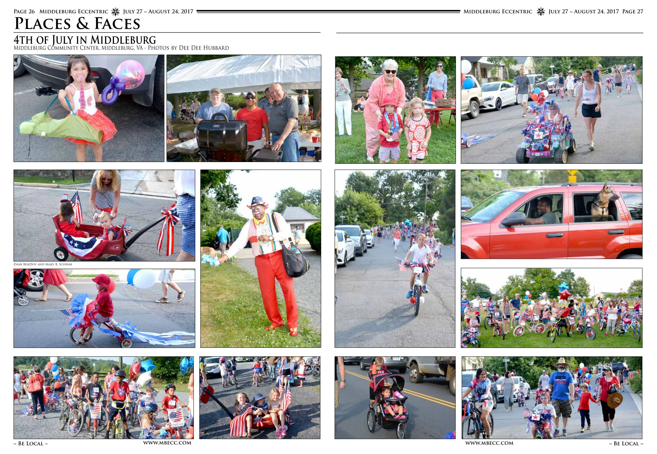 Children enjoying 4th of July activities · Grilling and gathering · Young girl with watermelon · Parade participants and spectators · Patriotic wagon · Marching with American flag · Bicycle parade participant · Children marching · Parade on Middleburg streets · Dog vehicle in parade · Zhar BenDov and Mary B. Schwab
