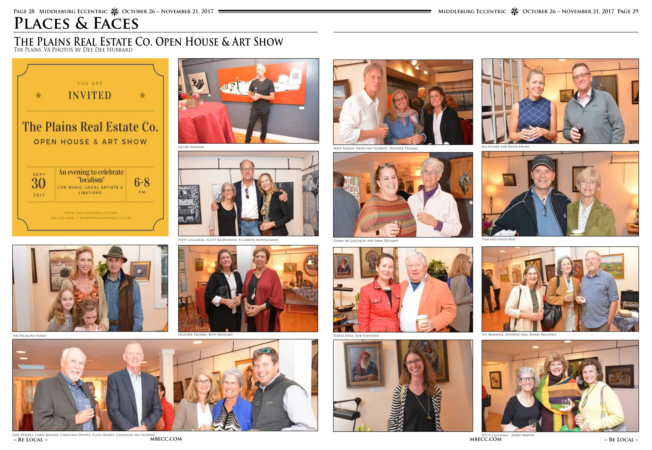 Earl Douple, Chris Malone, Christine Douple, Ellen Hearty, Chandler van Voorhis · Heather Trumbo, Beth Benhard · Patty Callahan, Scott Kasprowicz, Elizabeth Montgomery · Debbie McLaughlin and Mimi Regamey · Tom and Linda Neel · Jacobi Noonan · Matt Sheedy, Heidi van Voorhis, Heather Trumbo · Jen Kitner and Kevin Henry · The Escalona Family · Teresa Duke, Bob Foosaner · Sue Braswell, Jennifer Sims, Harry Braswell · Patty Callahan and Andie Martin · Various guests enjoying the art show
