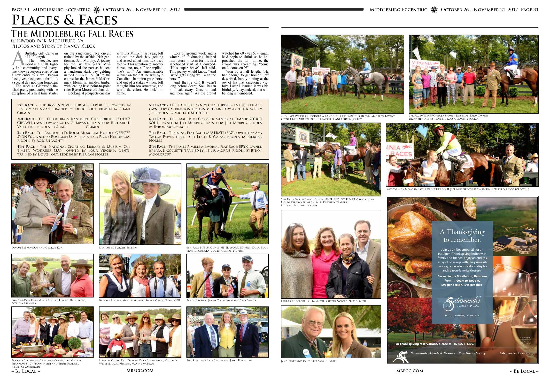 Harriet Clubb, Roz Drayer, Cory Staffanson, Victoria Weseley, Lalai Nelson, Maxine McBean · Bill Stromire, Leta Stalnaker, John Harrison Jake Carle and daughter Sarah Carle · Laura Chlopecki, Laura Smith, Kristin Nobble, Bruce Smith · 1st Race - The Bon Nouvel Hurdle: REPORTER, owned by Beverly Steinman, trained by Doug Fout, ridden by Shane Crimin · 2nd Race - The Theodora A. Randolph Cup Hurdle: PADDY'S CROWN, owned by Magalen O. Bryant, trained by Richard L. Valentine, ridden by Shane Crimin Jockey · 3rd Race: The Randolph D. Rouse Memorial Hurdle: OFFICER SYDNEY, owned by Rosbrian Farm, trained by Ricky Hendricks, ridden by Ross Geraghty Jockey · 4th Race NSPLM Cup WINNER WORRIED MAN Doug Fout trainer congratulates Kiernan Norris · 5th Race Daniel Sands Cup WINNER INDIGO HEART, Carrington Holdings owner, Archibald Kingsley trainer, Michael Mitchell jockey · 6th Race - The James P. McCormick Memorial Timber: SECRET SOUL, owned by Jeff Murphy, trained by Jeff Murphy, ridden by Byron Moorcroft · Devon Zebrovious and George Kuk · Lisa Jawer, Natalie Epstein · 2nd Race Winner Theodora A Randolph Cup PADDY'S CROWN Magalen Bryant Owner Richard Valentine Trainer Shane Crimin Jockey