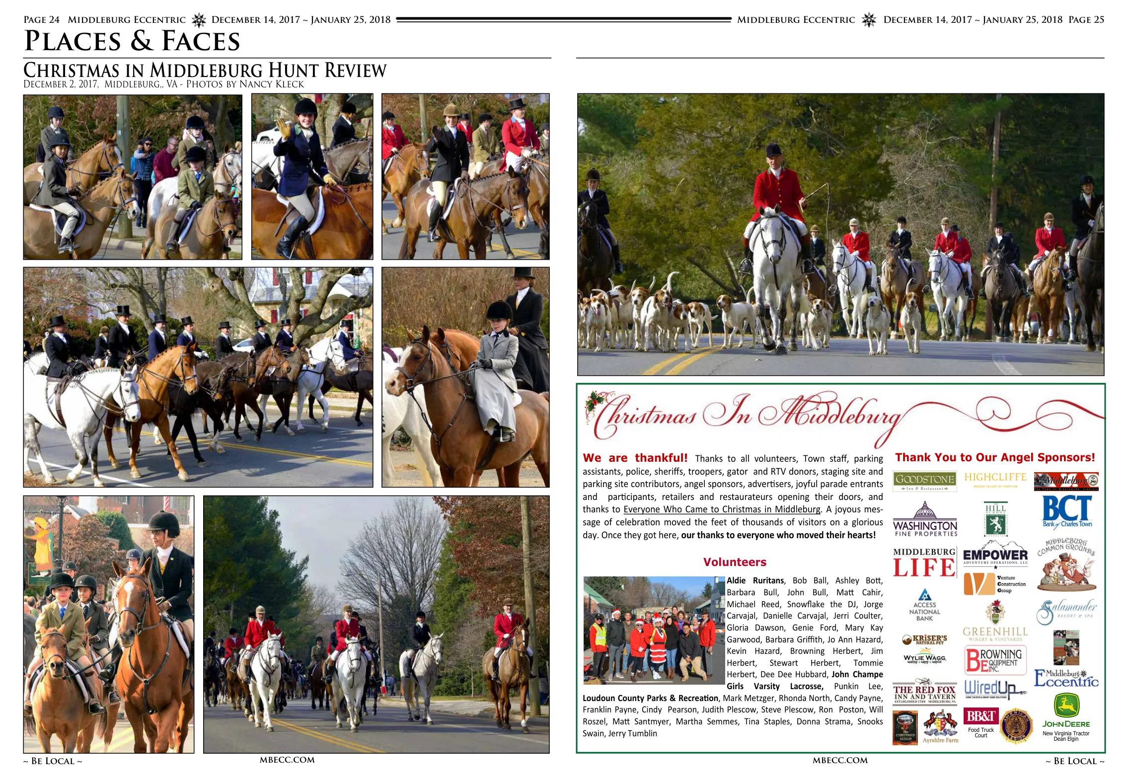 Hunters on horseback · Rider on white horse · Multiple hunters on horses · Hunt scene with hounds · Mounted hunter with hound · Parade float with red sleigh · Hunt with hounds on street · Loudon Valley High School Marching Vikings · Parade participants · Dogs in parade with wreaths