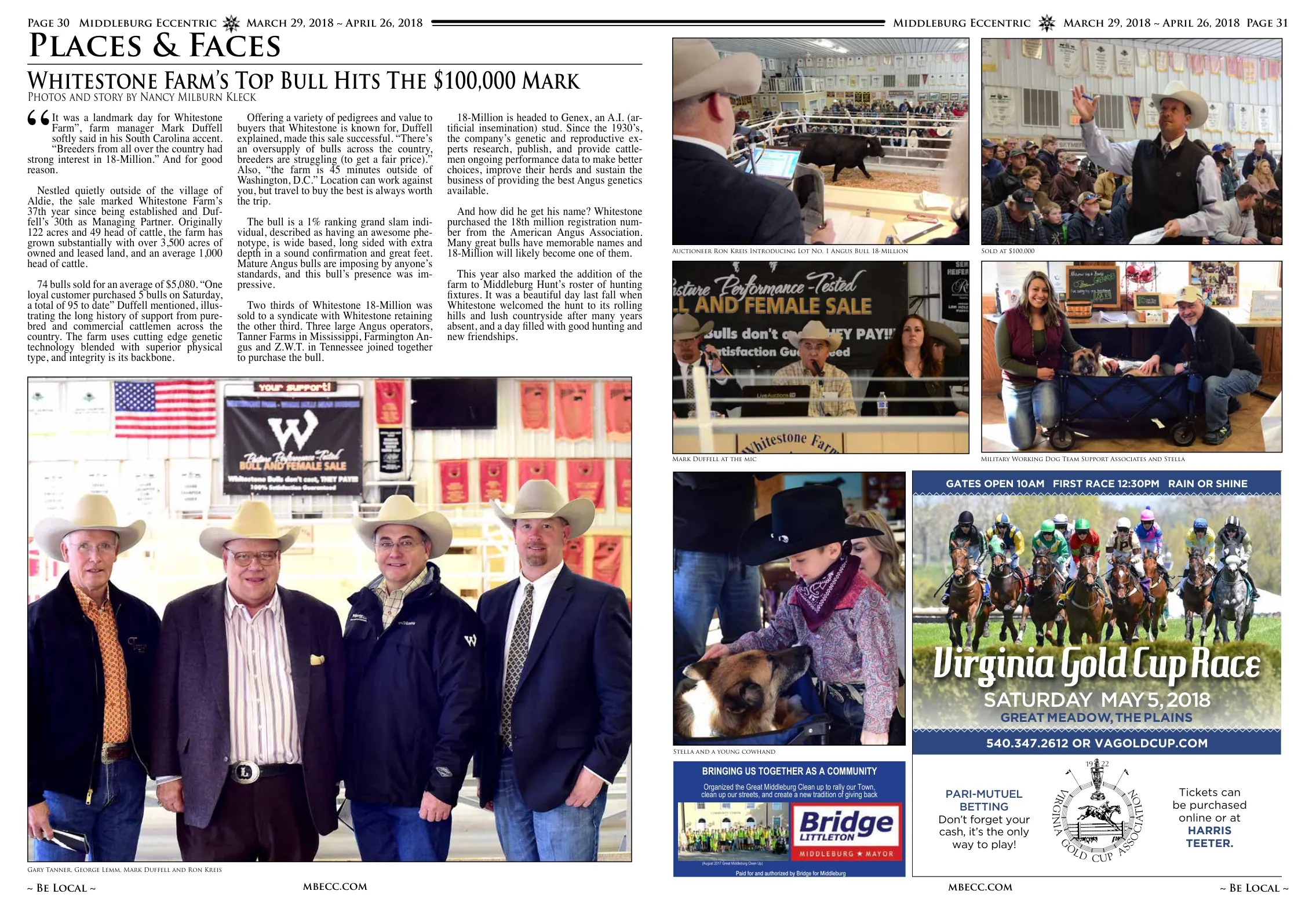 Photos and story by Nancy Milburn Kleck · Gary Tanner, George Lemm, Mark Duffell and Ron Kreis · Stella and a young cowhand · Mark Duffell at the mic · Military Working Dog Team Support Associates and Stella · Auctioneer Ron Kreis Introducing Lot No. 1 Angus Bull 18-Million Sold at $100,000