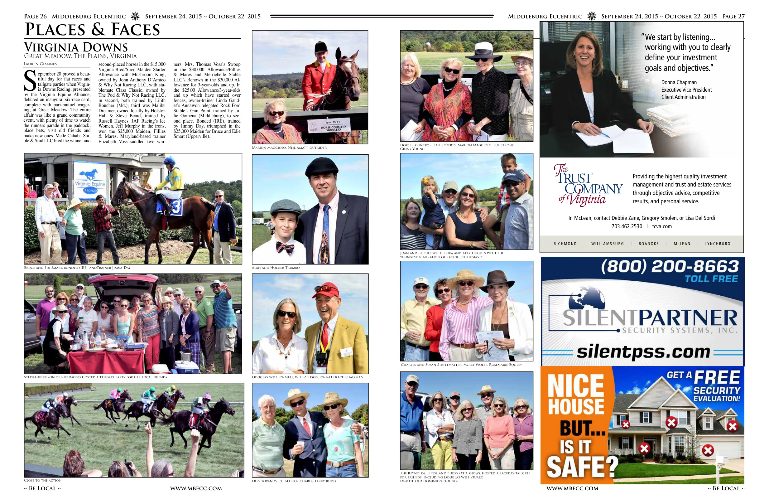 Bruce and Edi Smart, bonded (IRE), and Trainer Jimmy Day · Stephanie Nixon of Richmond hosted a tailgate party for her local friends Douglas Wise, ex-MFH, Will Allison, ex-MFH Race Chairman · Close to the action · Don Yovanovich Allen Richards Terry Rudd · Joan and Robert Wolf, Erika and Kirk Hughes with the youngest generation of racing enthusiasts · Charles and Susan Strittmatter, Molly Wolfe, Rosemarie Bogley · The Reynolds, Linda and Bucky (at a show), hosted a raceday tailgate for friends, including Douglas Wise Stuart, ex-MHF Old Dominion Hounds · Marion Maggiolo, Neil Amatt, outrider · Horse Country - Jean Roberts, Marion Maggiolo, Sue Strong, Ginny Young · Close to the action · Alan and Holder Trumbo · Joan and Robert Wolf, Erika and Kirk Hughes with the youngest generation of racing enthusiasts · Charles and Susan Strittmatter, Molly Wolfe, Rosemarie Bogley · Close to the action · Don Yovanovich Allen Richards Terry Rudd · The Reynolds, Linda and Bucky (at a show), hosted a raceday tailgate for friends, including Douglas Wise Stuart, ex-MHF Old Dominion Hounds