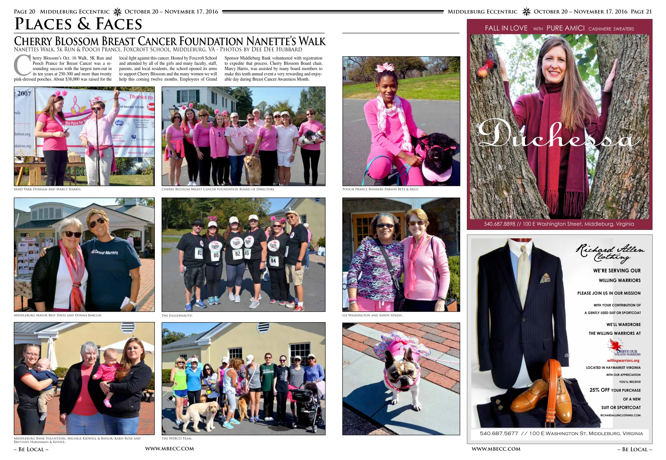 Mary Park Durham and Marcy Harris · Cherry Blossom Breast Cancer Foundation Board of Directors · Pooch Prance Winners Parson Betz & Milo · Middleburg Mayor Besy Davis and Donna Barclay · The Juggernauts! · Liz Washington and Sandy Atkins · Middleburg Bank Volunteers, Michele Kidwell & Baylor, Karis Rose and The WEBCO Team · Brittany Harshman & Kensle